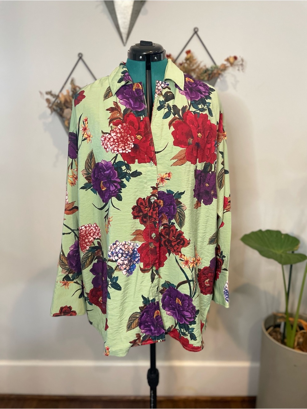 H&M Light Green Oversized Button-Down Shirt with Red & Purple Floral Print
